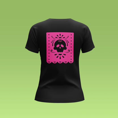 Playera Calaveria - Diseño para Mujer Calavera Papel Picado en negro
