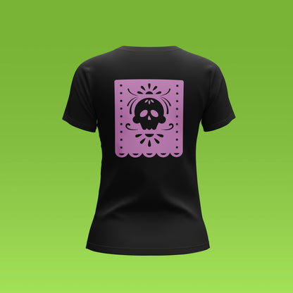 Playera Calaveria - Diseño para Mujer Calavera Papel Picado en negro